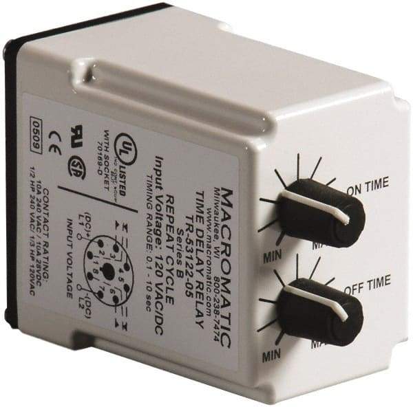 Macromatic - 8 Pin, 10 min Delay, Multiple Range DPDT Time Delay Relay - 10 Contact Amp, 120 VAC/VDC, Knob - Top Tool & Supply