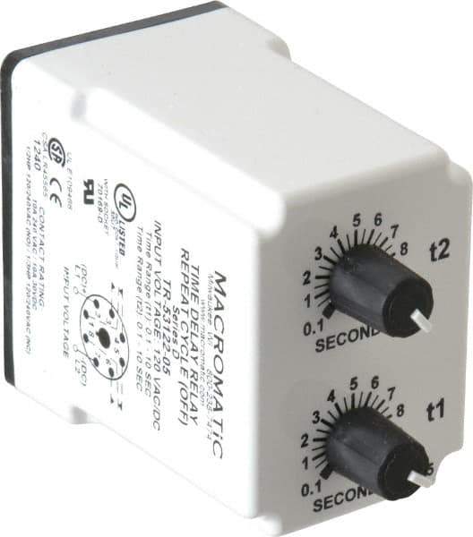 Macromatic - 8 Pin, Multiple Range DPDT Time Delay Relay - 10 Contact Amp, 120 VAC/VDC, Knob - Top Tool & Supply