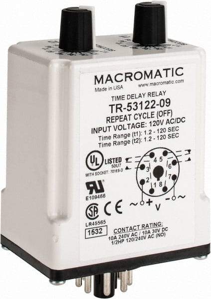 Macromatic - 8 Pin, Multiple Range DPDT Time Delay Relay - 10 Contact Amp, 120 VAC/VDC, Knob - Top Tool & Supply