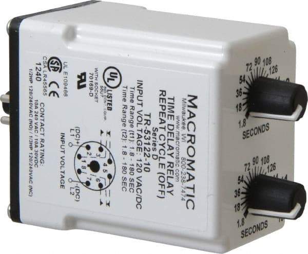 Macromatic - 8 Pin, Multiple Range DPDT Time Delay Relay - 10 Contact Amp, 120 VAC/VDC, Knob - Top Tool & Supply