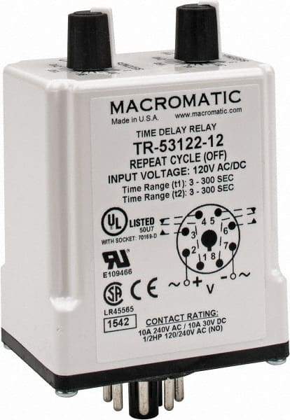 Macromatic - 8 Pin, Multiple Range DPDT Time Delay Relay - 10 Contact Amp, 120 VAC/VDC, Knob - Top Tool & Supply