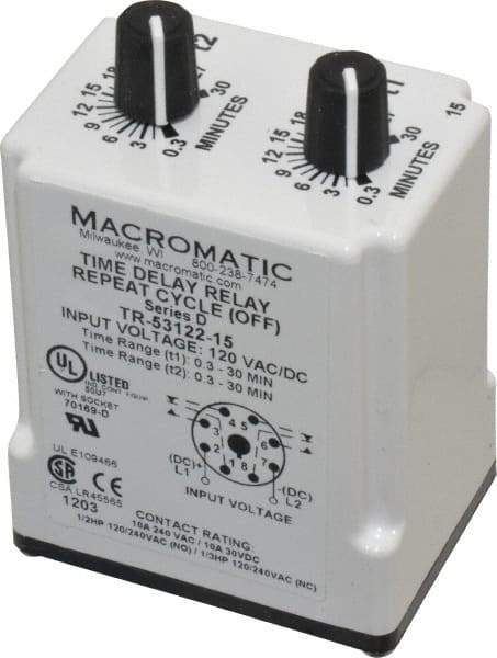 Macromatic - 8 Pin, 30 min Delay, Multiple Range DPDT Time Delay Relay - 10 Contact Amp, 120 VAC/VDC, Knob - Top Tool & Supply