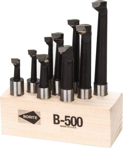 Borite - 5/16 to 9/16" Min Diam, 3/4 to 3" Max Depth, 1/2" Shank Diam, 2-1/4 to 4-1/2" OAL Boring Bar Set - C6 Carbide Tipped, Black Oxide Finish, Right Hand Cut, 9 Piece Set - Exact Industrial Supply