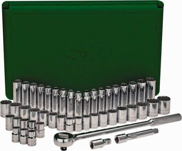 SK - 47 Piece 1/2" Drive Deep Well Socket Set - 12 Points, 1/2" to 1-1/2" (10mm to 24mm) Range, Inch/Metric Measurement Standard - Top Tool & Supply