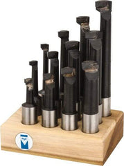 Made in USA - 7/16 to 13/16" Min Diam, 1-1/8 to 4-1/2" Max Depth, 3/4" Shank Diam, 3-1/8 to 6-1/2" OAL Boring Bar Set - C6 Carbide Tipped, Bright Finish, Right Hand Cut, 12 Piece Set - Exact Industrial Supply