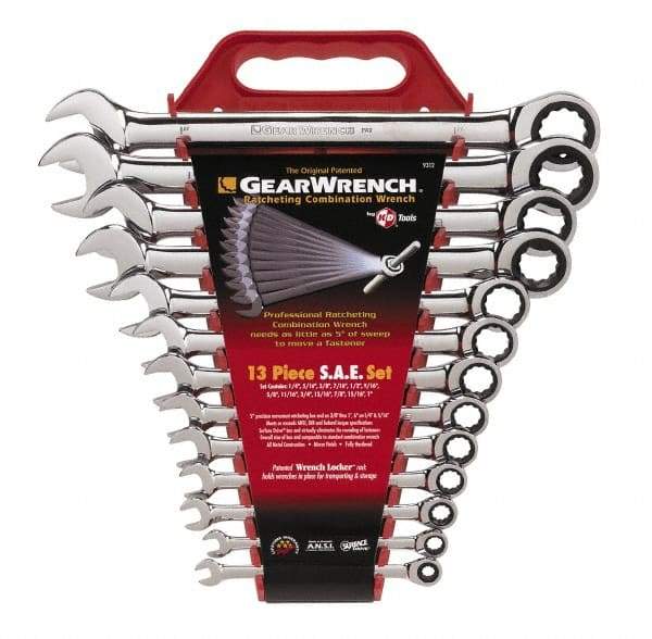 GearWrench - 13 Piece, 1/4" to 1", Combination Wrench Set - Inch Measurement Standard, Chrome Finish, Comes in Plastic Rack - Top Tool & Supply