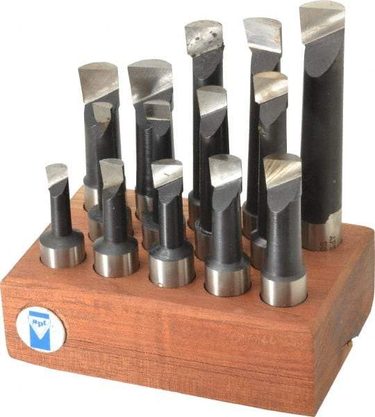 Made in USA - 3/8 to 3/4" Min Diam, 1-1/8 to 3-3/4" Max Depth, 3/4" Shank Diam, 2-7/8 to 5-1/2" OAL Boring Bar Set - M42 Cobalt, Bright Finish, Right Hand Cut, 14 Piece Set - Exact Industrial Supply