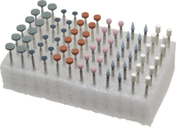 Grier Abrasives - 72 Piece Aluminum Oxide Vitrified Mounted Stone Abrasive Point Set - Fine Grade, 3/32" Diam x 1-1/2" Long Shank - Top Tool & Supply