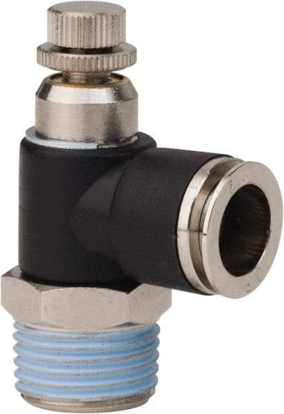 PRO-SOURCE - 1/2" NPT x 1/2" Tube OD Right Angle Flow Control Valve - 0 to 113.76 psi & Techno Polymer, Brass, Steel Material - Top Tool & Supply