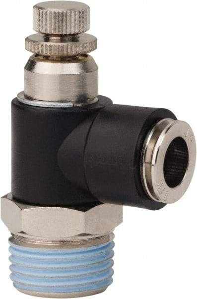 PRO-SOURCE - 1/2" NPT x 3/8" Tube OD Right Angle Flow Control Valve - 0 to 113.76 psi & Techno Polymer, Brass, Steel Material - Top Tool & Supply