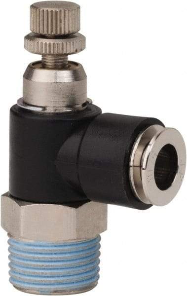 PRO-SOURCE - 3/8" NPT x 5/16" Tube OD Right Angle Flow Control Valve - 0 to 113.76 psi & Techno Polymer, Brass, Steel Material - Top Tool & Supply