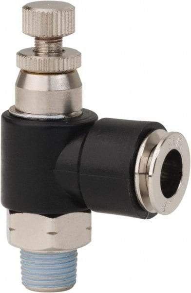 PRO-SOURCE - 1/8" NPT x 5/16" Tube OD Right Angle Flow Control Valve - 0 to 113.76 psi & Techno Polymer, Brass, Steel Material - Top Tool & Supply