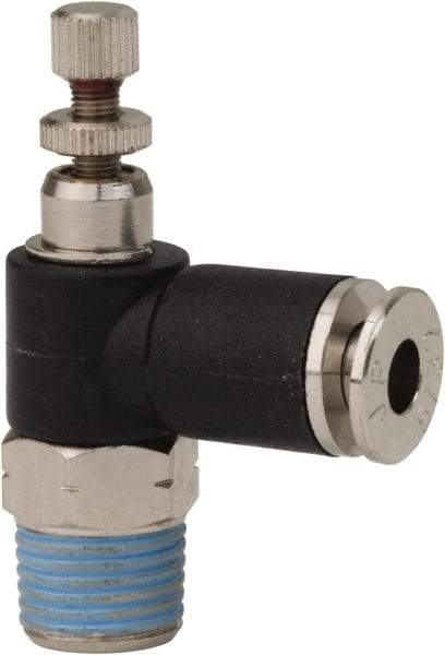 PRO-SOURCE - 1/8" NPT x 5/32" Tube OD Right Angle Flow Control Valve - 0 to 113.76 psi & Techno Polymer, Brass, Steel Material - Top Tool & Supply