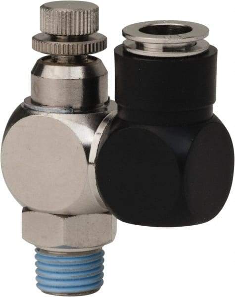 Value Collection - 1/4" Male NPT x 3/8" Tube OD Flow Control Offset Inline Valve - 0 to 113.76 psi & Techno Polymer, Brass, Steel Material - Top Tool & Supply