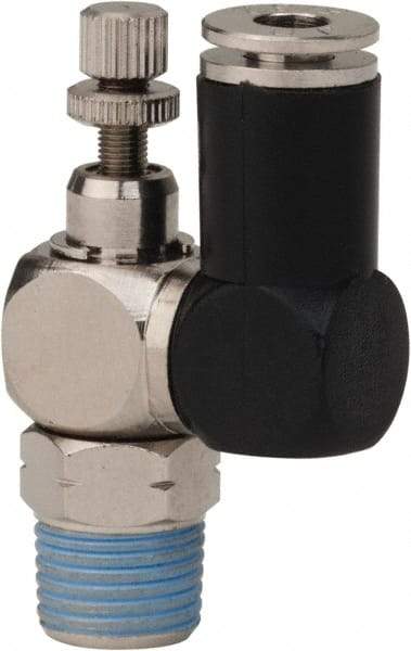 Value Collection - 1/8" Male NPT x 5/32" Tube OD Flow Control Offset Inline Valve - 0 to 113.76 psi & Techno Polymer, Brass, Steel Material - Top Tool & Supply