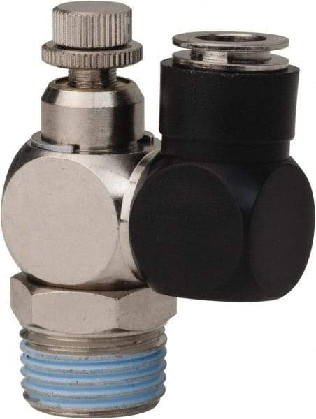 Value Collection - 1/2" Male NPT x 3/8" Tube OD Flow Control Offset Inline Valve - 0 to 113.76 psi & Techno Polymer, Brass, Steel Material - Top Tool & Supply