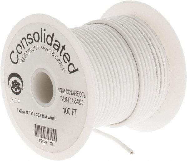 Made in USA - 16 AWG, 26 Strand, 100' OAL, Tinned Copper Hook Up Wire - White PVC Jacket, 0.117" Diam - Top Tool & Supply