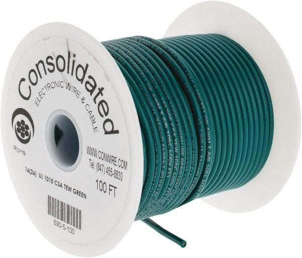 Made in USA - 16 AWG, 26 Strand, 100' OAL, Tinned Copper Hook Up Wire - Green PVC Jacket, 0.117" Diam - Top Tool & Supply