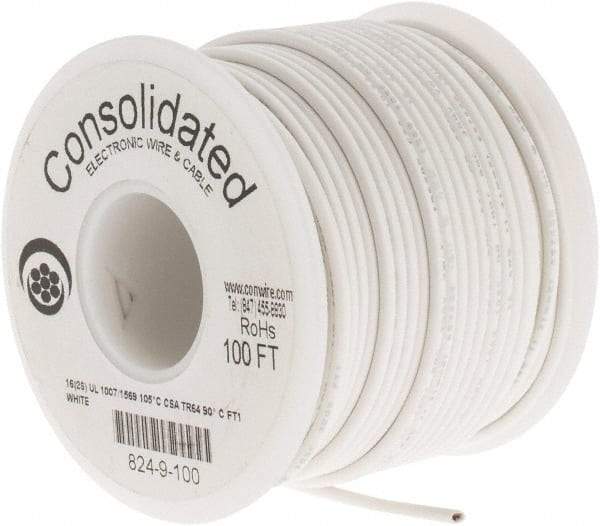 Made in USA - 16 AWG, 26 Strand, 100' OAL, Tinned Copper Hook Up Wire - White PVC Jacket, 0.092" Diam - Top Tool & Supply