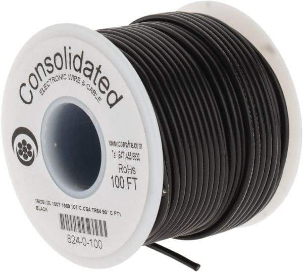 Made in USA - 16 AWG, 26 Strand, 100' OAL, Tinned Copper Hook Up Wire - Black PVC Jacket, 0.092" Diam - Top Tool & Supply