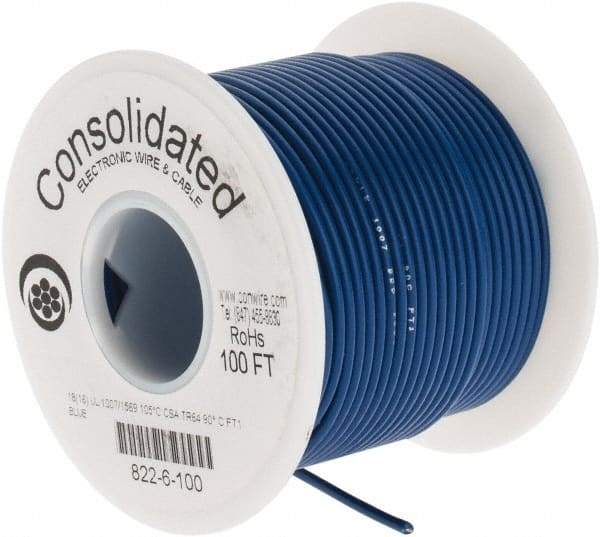 Made in USA - 18 AWG, 16 Strand, 100' OAL, Tinned Copper Hook Up Wire - Blue PVC Jacket, 0.08" Diam - Top Tool & Supply