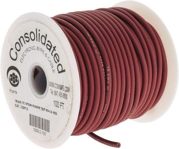 Made in USA - 18 AWG, 65 Strand, 100' OAL, Tinned Copper Hook Up Wire - Red EPDM Jacket, 0.145" Diam - Top Tool & Supply