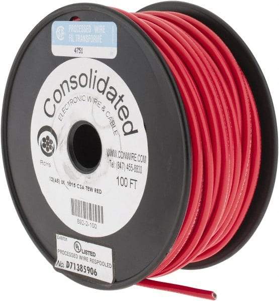 Made in USA - 12 AWG, 65 Strand, 100' OAL, Tinned Copper Hook Up Wire - Red PVC Jacket, 0.155" Diam - Top Tool & Supply