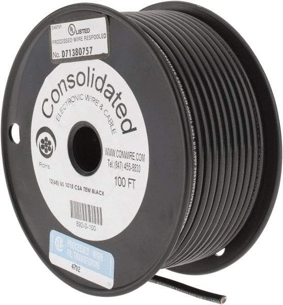 Made in USA - 12 AWG, 65 Strand, 100' OAL, Tinned Copper Hook Up Wire - Black PVC Jacket, 0.155" Diam - Top Tool & Supply