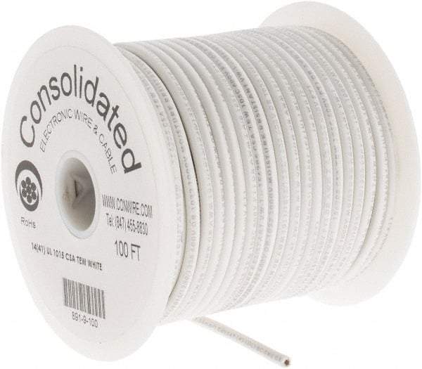 Made in USA - 14 AWG, 41 Strand, 100' OAL, Tinned Copper Hook Up Wire - White PVC Jacket, 0.136" Diam - Top Tool & Supply