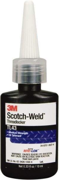 3M - 10 mL, Purple, Medium Strength Liquid Threadlocker - Series TL43, 24 Hour Full Cure Time, Hand Tool Removal - Top Tool & Supply