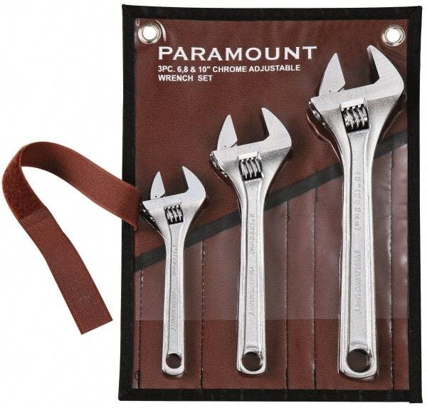 Paramount - 3 Piece, 6" to 10", Adjustable Wrench Set - Inch Measurement Standard, Chrome Finish, Comes in Canvas Roll - Top Tool & Supply