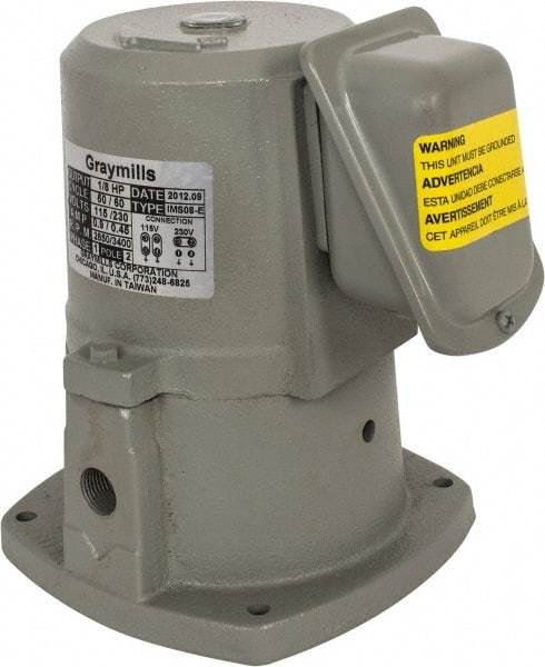 Graymills - 0.7/0.35 Amp, 115/230 Volt, 1/8 hp, 1 Phase, 3,450 RPM, Cast Iron Suction Machine Tool & Recirculating Pump - 9.5 GPM, 14 psi, 5-1/2" Long x 5-1/2" Mounting Flange Width, 6-7/8" Overall Height, Plastic Impeller, Sealed Motor - Top Tool & Supply