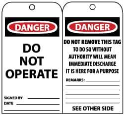 NMC - 3" High x 6" Long, DANGER - DO NOT OPERATE, English Safety & Facility Lockout Tag - Tag Header: Danger, 2 Sides, Black, Red & White Unrippable Vinyl - Top Tool & Supply