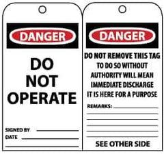 NMC - 3" High x 6" Long, DANGER - DO NOT OPERATE, English Safety & Facility Lockout Tag - Tag Header: Danger, 2 Sides, Black, Red & White Unrippable Vinyl - Top Tool & Supply