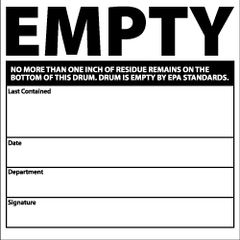 NMC - Hazardous Materials Label - Legend: Empty No More than One Inch of Residue Remains on the Bottom of This Drum. Drum Is Empty by EPA Standards. Last Contained..., English, Black & White, 6" Long x 6" High, Sign Muscle Finish - Top Tool & Supply