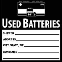 NMC - Hazardous Materials Label - Legend: Used Batteries, English, Black & White, 6" Long x 6" High, Sign Muscle Finish - Top Tool & Supply