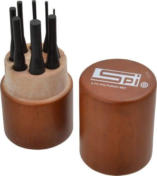 SPI - 8 Piece, 1/16 to 5/16", Pin Punch Set - Round Shank, Comes in Custom Wood Case - Top Tool & Supply