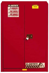 Justrite - 2 Door, 5 Shelf, Red Steel Standard Safety Cabinet for Flammable and Combustible Liquids - 65" High x 43" Wide x 18" Deep, Manual Closing Door, 3 Point Key Lock, 60 Gal Capacity - Top Tool & Supply