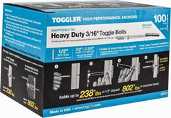 Toggler - 3/16" Screw, 6-1/4" Long, 3/8 to 3-5/8" Thick, Toggle Bolt Drywall & Hollow Wall Anchor - 3/16 - 24" Thread, 1/2" Drill, Zinc Plated, Steel, Grade 1010, Use in Drywall - Top Tool & Supply