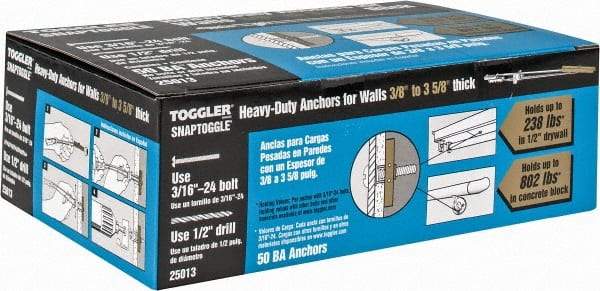 Toggler - 3/16" Screw, 6-1/4" Long, 3/8 to 3-5/8" Thick, Toggle Bolt Drywall & Hollow Wall Anchor - 3/16 - 24" Thread, 1/2" Drill, Zinc Plated, Steel, Grade 1010, Use in Drywall - Top Tool & Supply