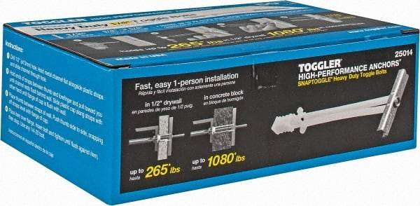 Toggler - 1/4" Screw, 6-1/4" Long, 3/8 to 3-5/8" Thick, Toggle Bolt Drywall & Hollow Wall Anchor - 1/4 - 20" Thread, 1/2" Drill, Zinc Plated, Steel, Grade 1010, Use in Drywall - Top Tool & Supply