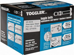 Toggler - 1/2" Screw, 6" Long, 3/8 to 2-1/2" Thick, Toggle Bolt Drywall & Hollow Wall Anchor - 1/2 - 13" Thread, 3/4" Drill, Uncoated, Stainless Steel, Grade 304, Use in Drywall - Top Tool & Supply