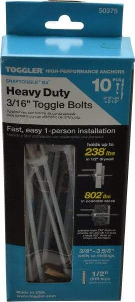 Toggler - 3/16" Screw, 6-1/4" Long, 3/8 to 3-5/8" Thick, Toggle Bolt Drywall & Hollow Wall Anchor - 3/16 - 24" Thread, 1/2" Drill, Zinc Plated, Steel, Grade 1010, Use in Drywall - Top Tool & Supply