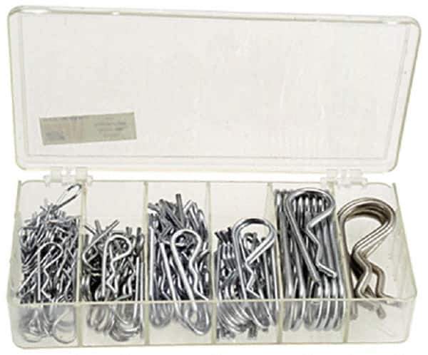 Precision Brand - 150 Piece, 1/16 to 3/16" Pin Diam, Hitch Pin Assortment - 1-9/16 to 3-1/4" Long, Steel - Top Tool & Supply