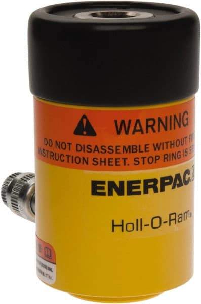 Enerpac - 12 Ton, 1.63" Stroke, 4.49 Cu In Oil Capacity, Portable Hydraulic Hollow Hole Cylinder - 2.76 Sq In Effective Area, 4.75" Lowered Ht., 6.38" Max Ht., 2.13" Cyl Bore Diam, 1.38" Plunger Rod Diam, 10,000 Max psi - Top Tool & Supply