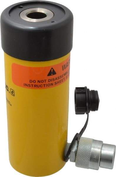 Enerpac - 12 Ton, 3" Stroke, 8.29 Cu In Oil Capacity, Portable Hydraulic Hollow Hole Cylinder - 2.76 Sq In Effective Area, 7.25" Lowered Ht., 10.25" Max Ht., 2.13" Cyl Bore Diam, 1.38" Plunger Rod Diam, 10,000 Max psi - Top Tool & Supply