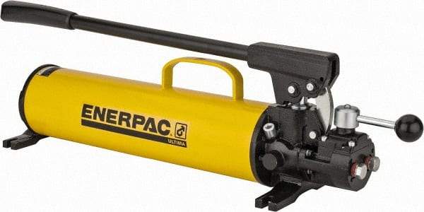 Enerpac - 1" Piston Stroke, 1-1/8" Piston Diam, 1.00, 0.15 Cu In per Stroke, 134 Cu In Reservoir Capacity, Manual Hydraulic Pump - 10,000 psi, 77 Lbs. Max Handle Effort, 2 Stage - Top Tool & Supply