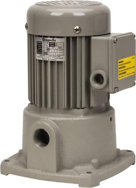 Graymills - 230/460 Volt, 3/4 hp, 3 Phase, 3,450 RPM, Cast Iron Suction Machine Tool & Recirculating Pump - 43 GPM, 1" Inlet, 52 psi, 8" Long x 8" Mounting Flange Width, 11-13/16" Overall Height, Metric Thread, Aluminum Impeller - Top Tool & Supply