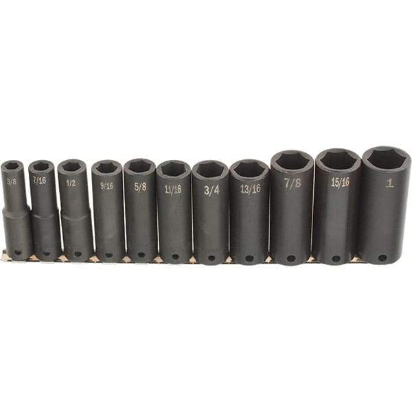 SK - 11 Piece 1/2" Drive Deep Impact Socket Set - 6 Points, 1/2 to 1-1/4", Inch Measurement Standard - Top Tool & Supply