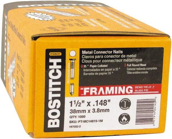 Stanley Bostitch - 10 Gauge 0.148" Shank Diam 1-1/2" Long Metal Connecting Nails for Power Nailers - Steel, Bright Finish, Smooth Shank, Angled Stick Paper Tape Collation, Round Head, Diamond Point - Top Tool & Supply